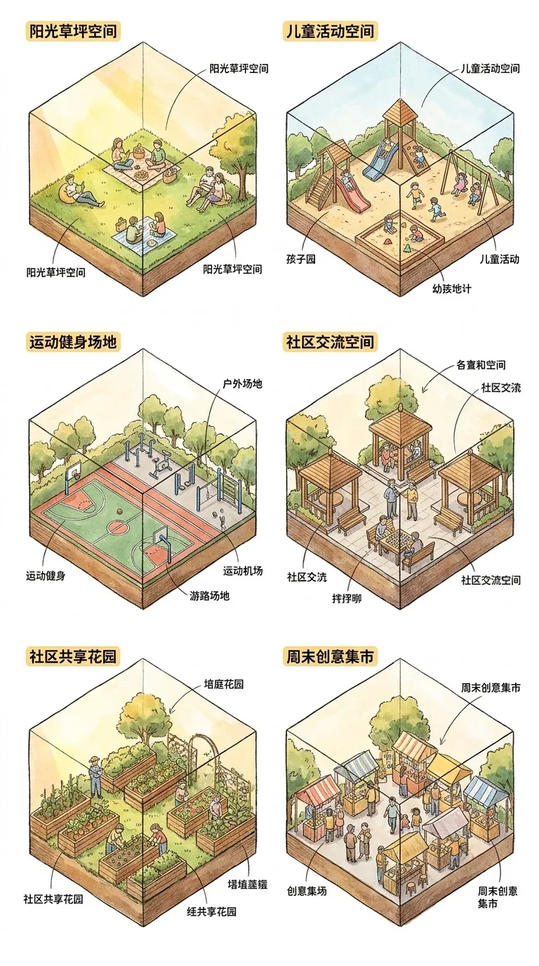1.帮我生成一套场景插画设计轴测图，轴测图在正方体上去设计，主题是打造社区公共空间的，氛围感很强，有不同的功能分区和活动场景