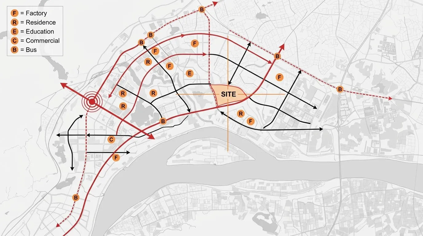 严格保留原图所有路网、地块、建筑、水系、绿地的位置、形态、边界与空间拓扑关系，**不得改动任何原有地理结构，不能新增或删除道路**，基于输入卫星图绘制建筑竞赛场地Mapping分析图。