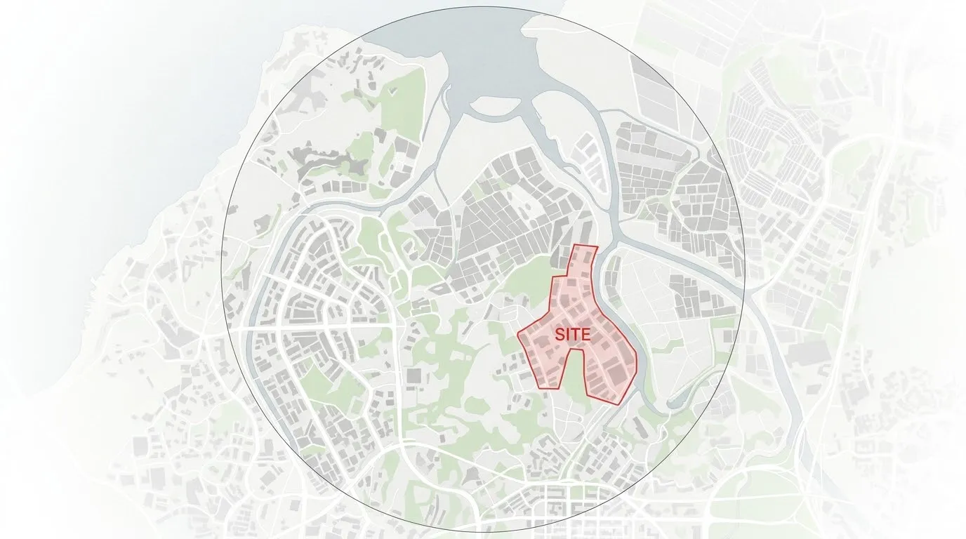 Based on the uploaded satellite image, create a minimalist urban planning fabric analysis diagram. Take the red-lined ar