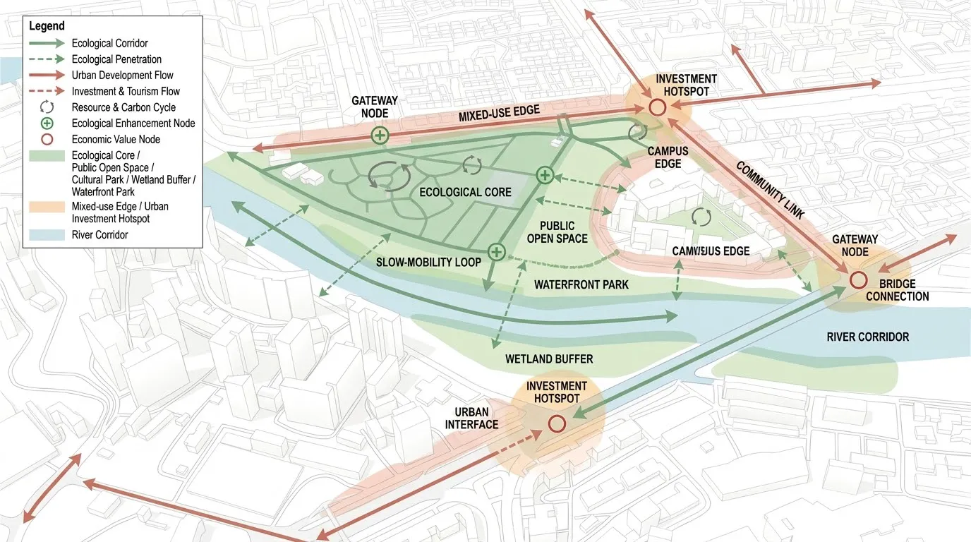 Based on the uploaded site base map, create an ecological flow and system connectivity analysis diagram in SASAKI style 