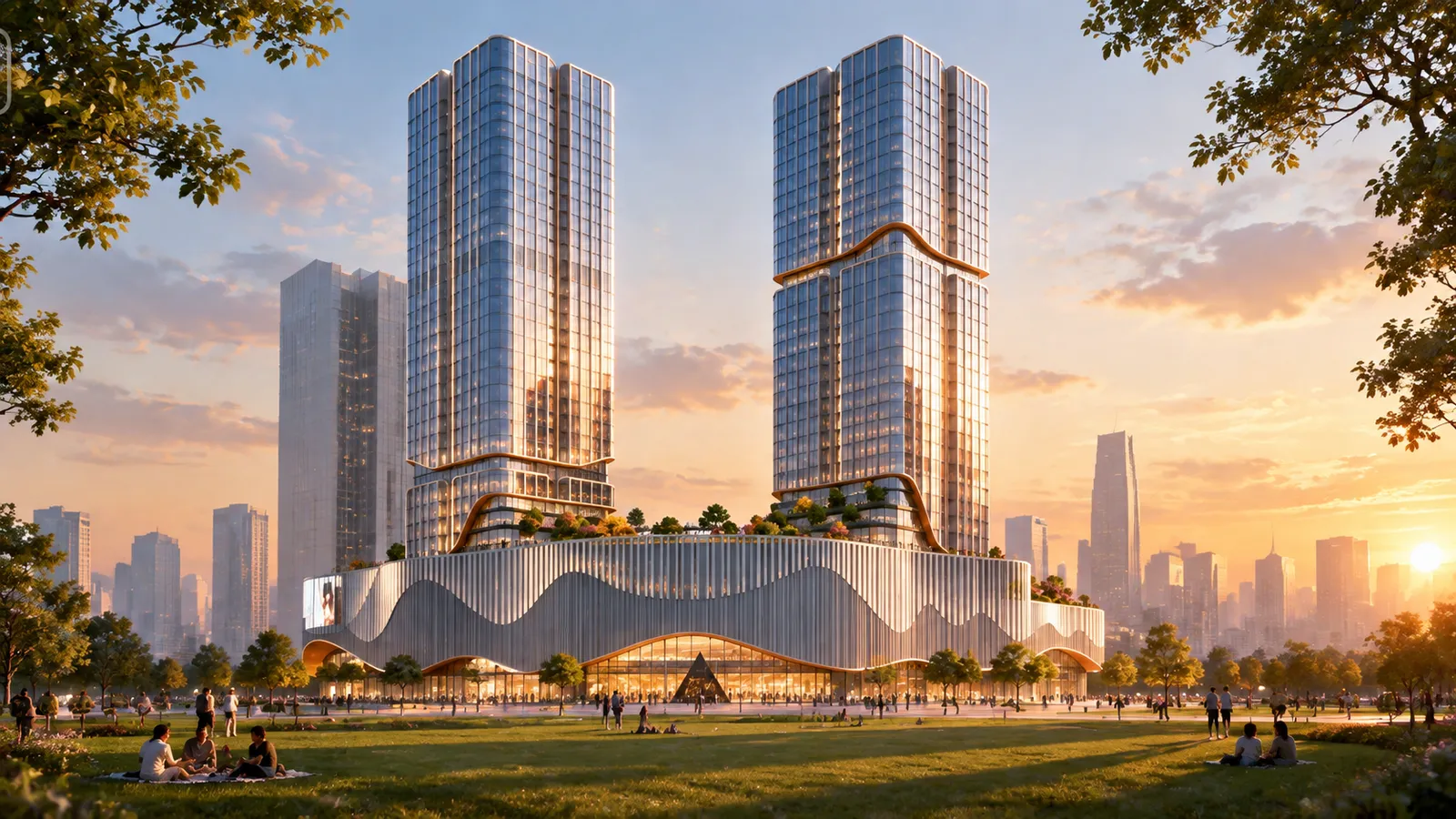 Urban landmark commercial complex design, strictly preserve the viewing angle and aspect ratio of the reference image. T