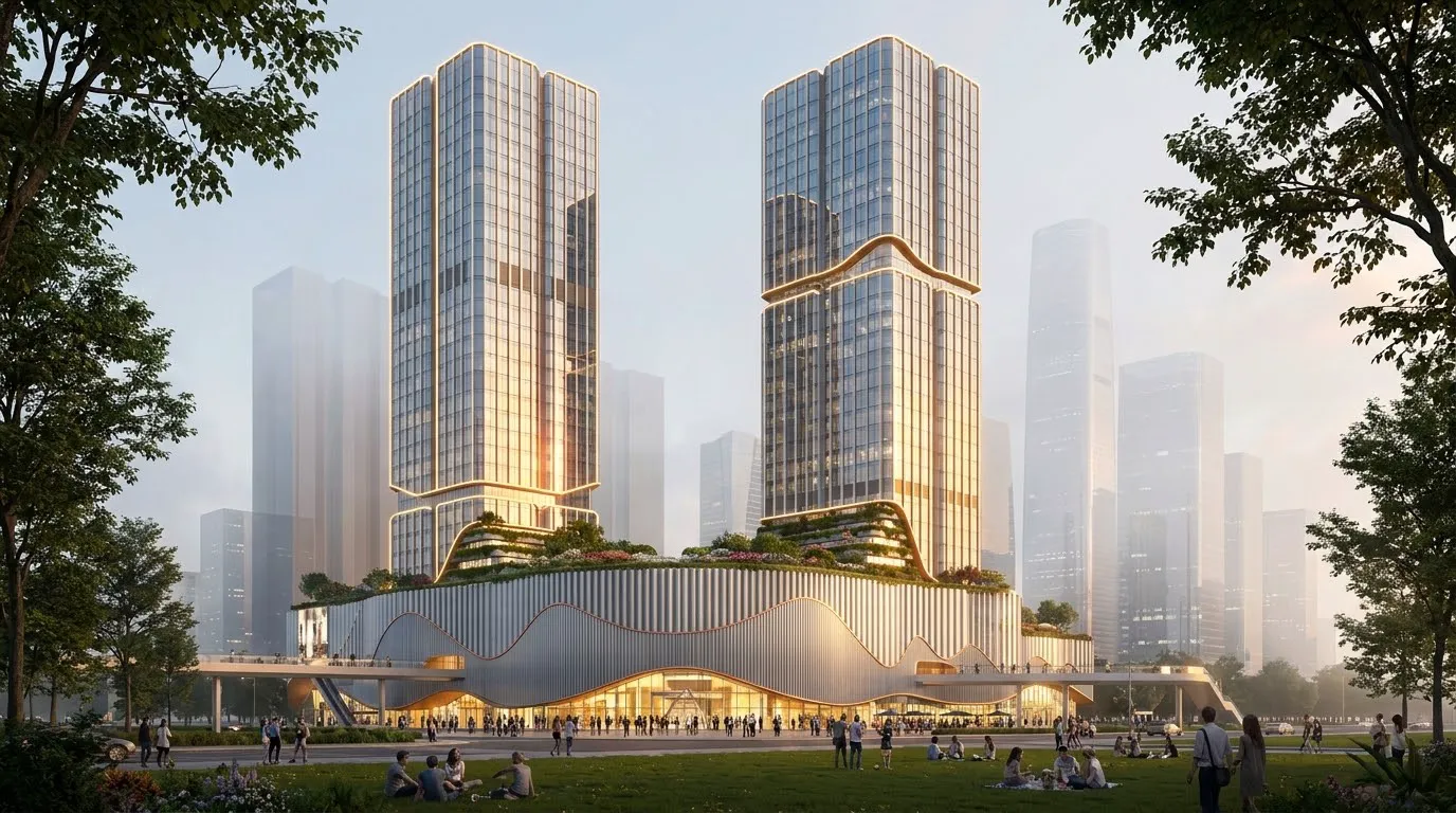 Urban landmark commercial complex design, strictly preserve the viewing angle and aspect ratio of the reference image. T